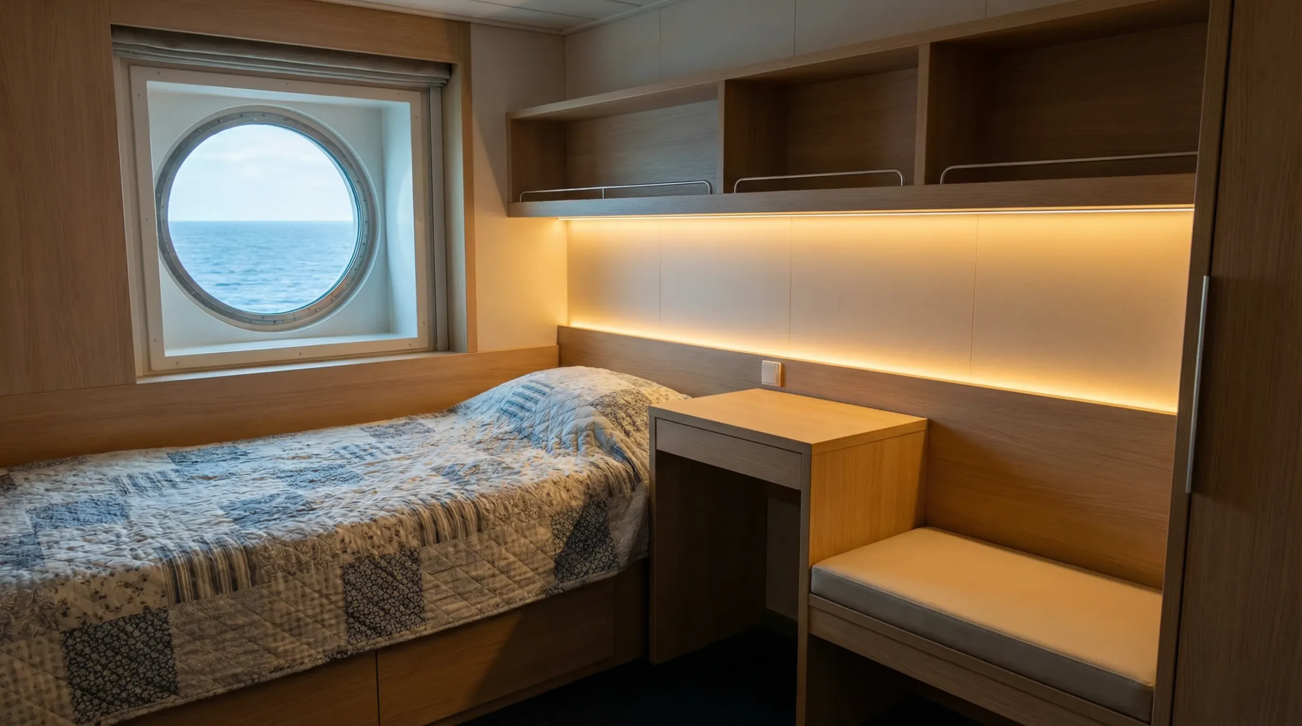 Intérieur cabine ferry confortable avec hublot donnant sur la mer