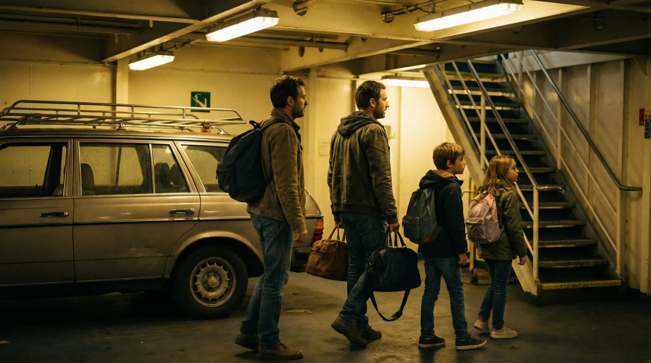 Famille européenne près de leur voiture sur le pont garage du ferry Sardaigne