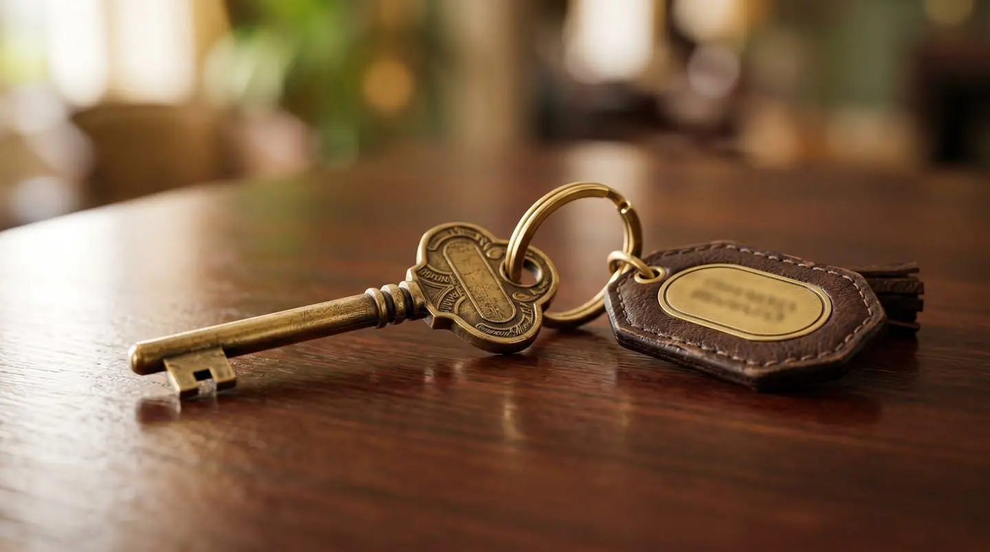 Clé d'hôtel traditionnelle avec porte-clés élégant posée sur une surface en bois noble