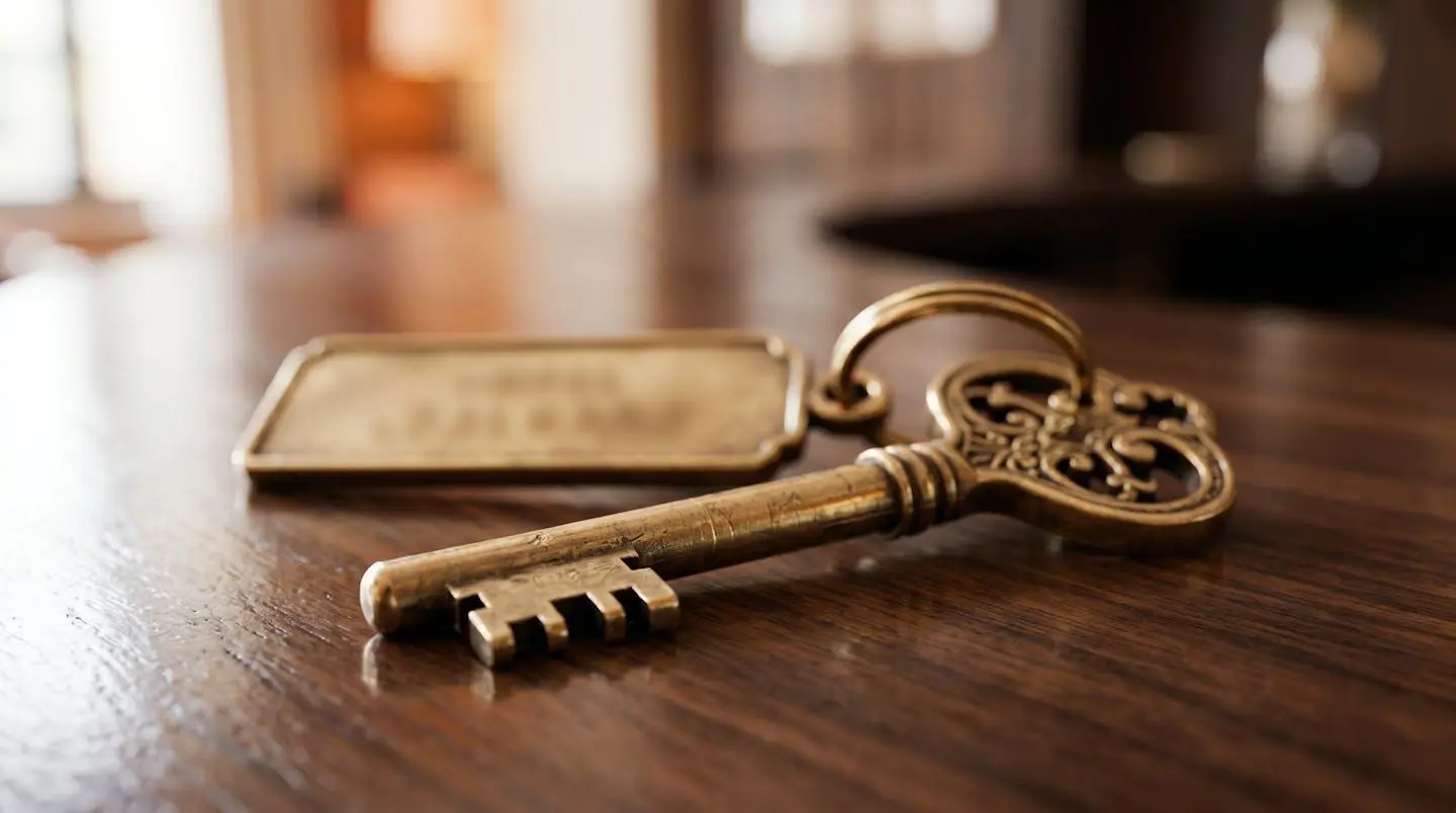Clé d'hôtel traditionnelle avec porte-clés élégant posée sur une surface en bois noble