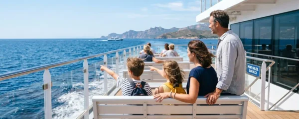 Une famille avec deux enfants profite de la vue sur la mer Méditerranée depuis le pont extérieur d'un ferry moderne, de dos, ambiance estivale lumineuse