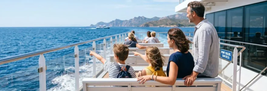 Une famille avec deux enfants profite de la vue sur la mer Méditerranée depuis le pont extérieur d'un ferry moderne, de dos, ambiance estivale lumineuse