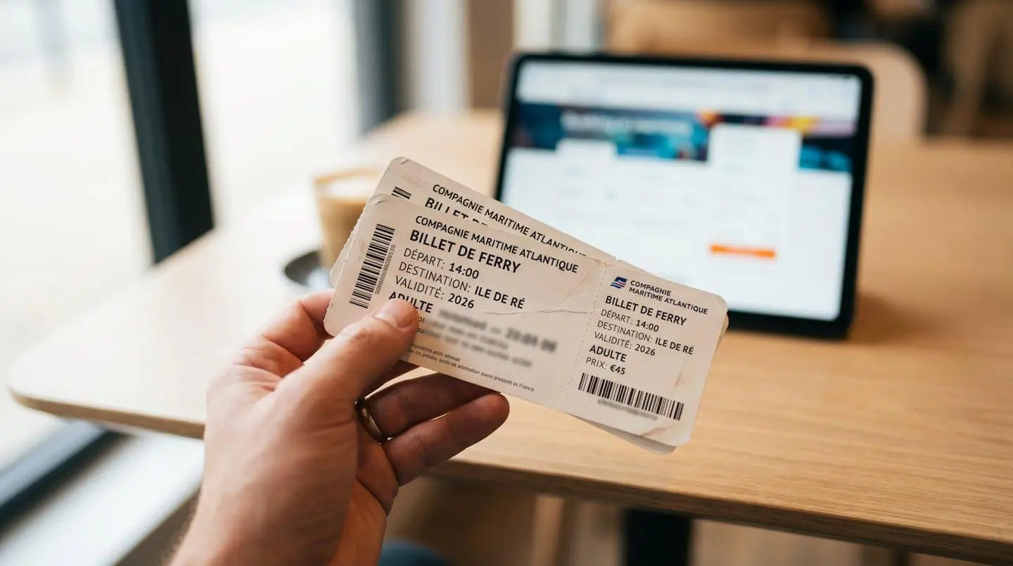 Gros plan sur une main tenant des billets de ferry posés sur une table moderne, avec une tablette affichant une interface de réservation floue en arrière-plan
