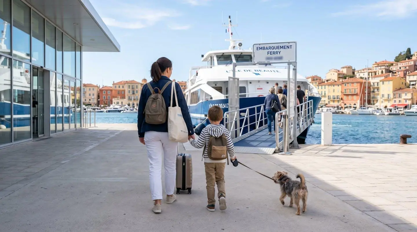 Un parent et son enfant accompagnés d'un petit chien se tiennent sur le quai d'un port moderne méditerranéen, vus de dos, préparant l'embarquement par une matinée lumineuse