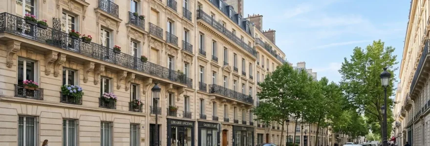 Rue tranquille bordée de façades haussmanniennes élégantes dans le 8e arrondissement de Paris par une matinée lumineuse