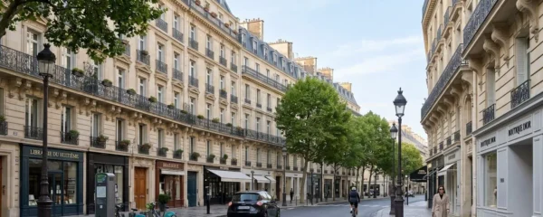 Rue tranquille bordée de façades haussmanniennes élégantes dans le 8e arrondissement de Paris par une matinée lumineuse