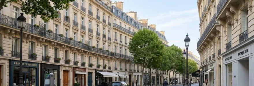 Rue tranquille bordée de façades haussmanniennes élégantes dans le 8e arrondissement de Paris par une matinée lumineuse