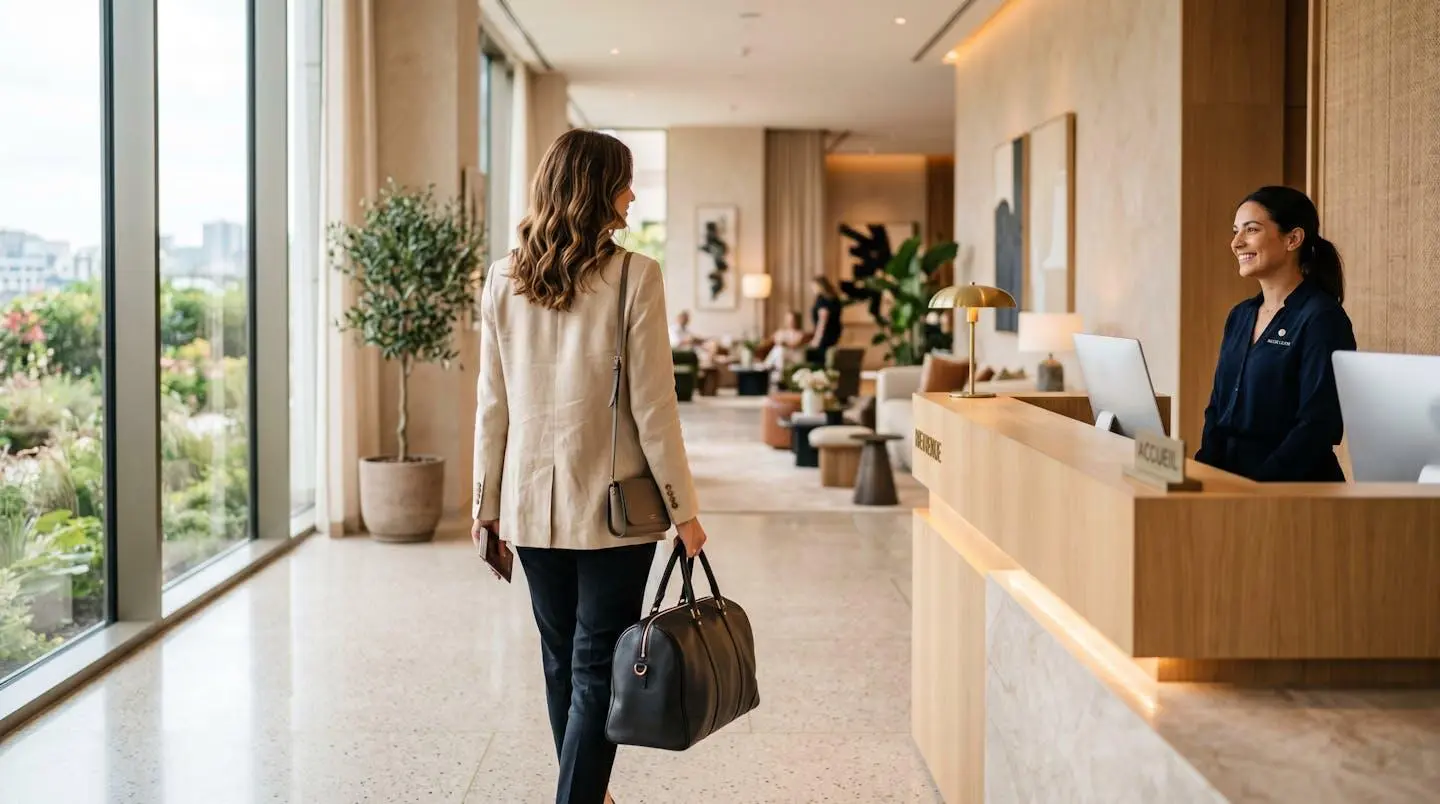 Voyageur vu de dos s'approchant de la réception d'un hôtel élégant baigné de lumière naturelle