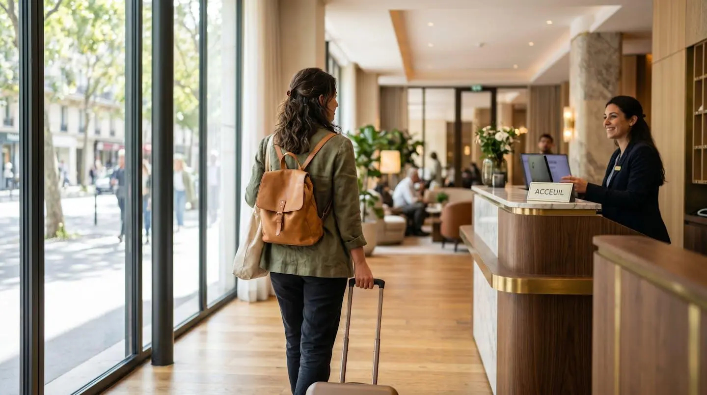 Voyageur vu de dos s'approchant de la réception d'un hôtel élégant baigné de lumière naturelle